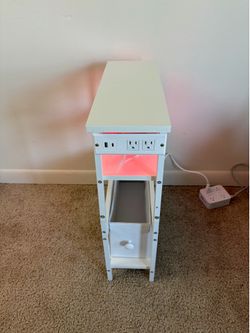 Narrow Bedside Table with Charging Station and LED Light,