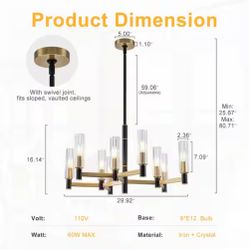 30 in. 9-Light Black and Gold Chandelier with Crystal Shades, Modern Luxury Pendant for Living and Dining Room