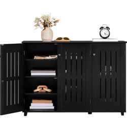 Yaheetech Shoe Storage Cabinet Floor Storage Organizer Wooden Cabinet with 3 Doors Adjustable Shelf for Entryway Living Room Home Office Black