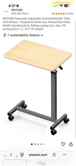New WOTURE Pneumatic Adjustable Overbed Bedside Table with Wheels - Hospital & Home Use, Medical Bed Table, Mobile Standing Desk, Rolling Laptop Cart,