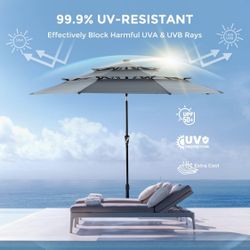 HOMSHADE 9FT 3-Tier Solar Patio Umbrella Heavy Duty,Vented Market Table Umbrella Windproof w/32 LED Lights,UPF50+,5-year Fade Resistant,8 Thicker Ribs