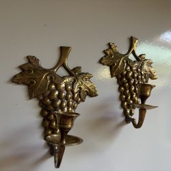 Vintage Brass Grape Sconce Candleholders Pair Gold Metal Wall Mount Cottage Farmhouse Boho Set 