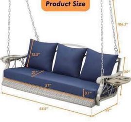 Newly Assemble 3-Person Porch Swing Chair Outdoor Rattan Patio Swing Lounge w/Cup-Holder