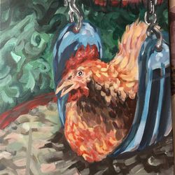 Chicken On A Swing, Acrylic Painting In Canvas Original