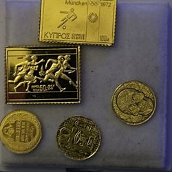 Three individual 1/200th gold rounds and vintage 24k over sterling silver stamps
