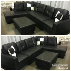 Brand New Black Leather Sectional With Storage Ottoman & 2 Decorative Pillows