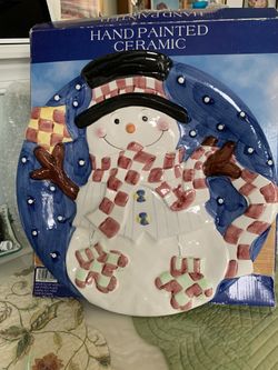 Hand painted ceramic snowman plate