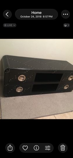 Aviator style Riveted metal Tv stand w/ 4 drawers & open shelving