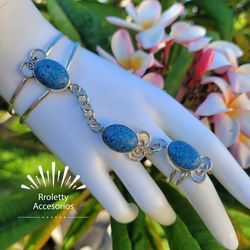 Sterling Silver 925 Cuff Bracelet with Ring and Tuorques stone