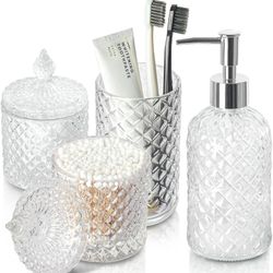 Bathroom Accessories Set, 4 Pack Clear Glass Bath Accessory Sets Complete, Diamond Soap Dispenser and Toothbrush Holder Set for Bathroom Counter Organ