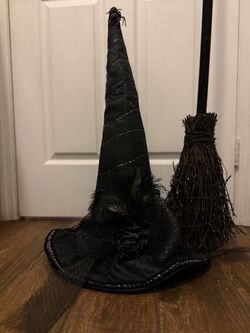 Decorative Halloween Witch Hat and Broom Set