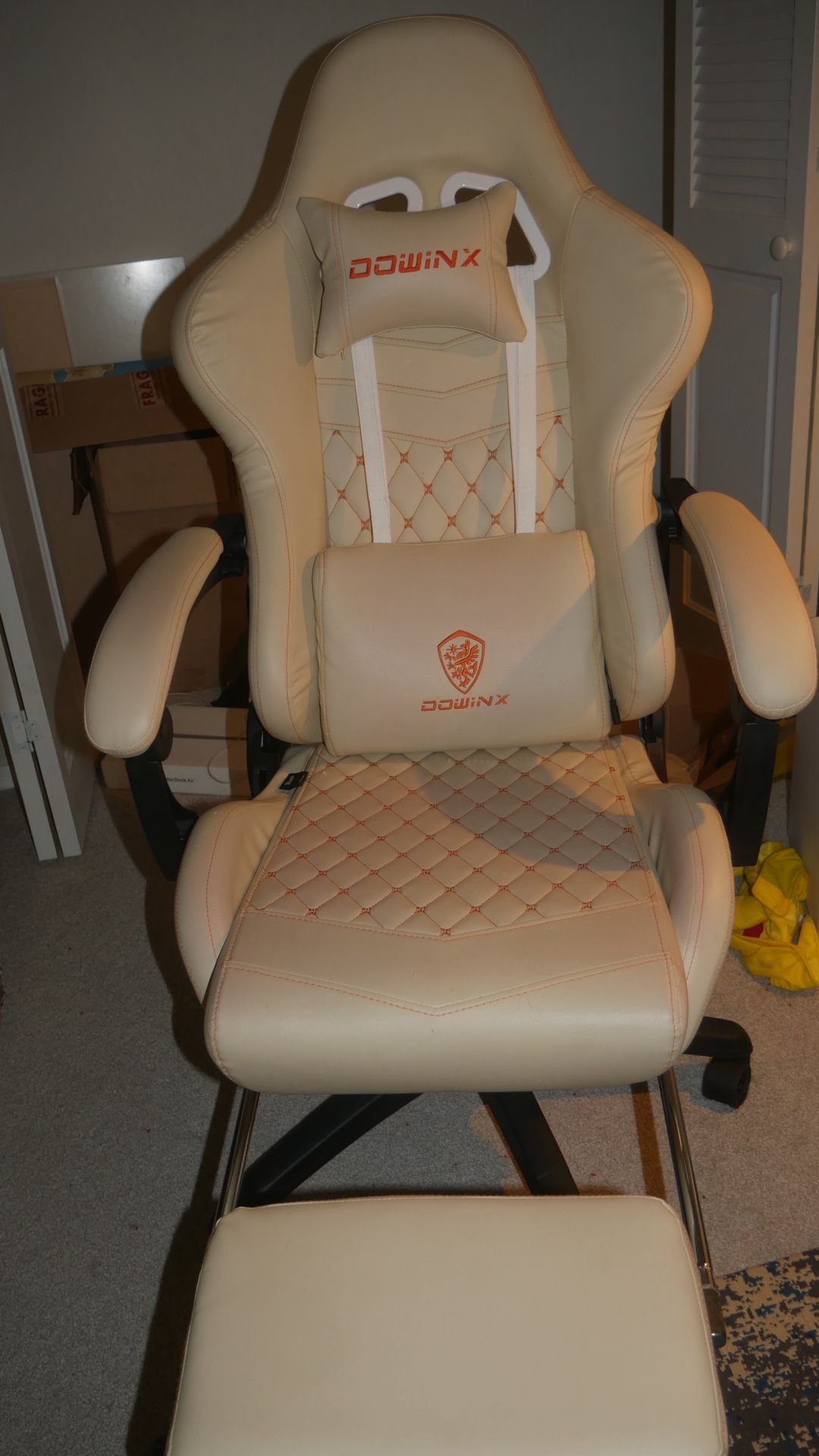 Dowinx Gaming Chair Ergonomic with Footrest and Massage Lumbar Support, High Back PU Leather Ivory