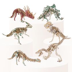 Brandnew 3D Dinosaur Wooden Puzzles Set, 6 Pcs Dinosaur Skeletons Model Kit, Hands Craft DIY 3D Puzzles, Brain Teaser Puzzles, Educational Assembly Di