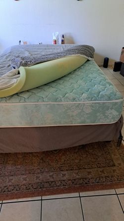 Full size mattress and box set plus metal frame on wheels