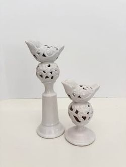 Set of White Ceramic Bird Sculptures