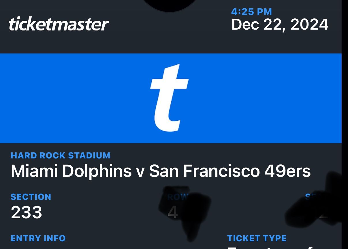 Miami Dolphins Vs 49ERS Club $150