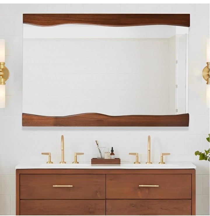 Tanmicoshomy Natural Wood Mirror 30x40 Inch, Asymmetrical Wooden Framed Rectangle Wall Mirror for Bathroom Vanity Bedroom Living Room, Vertical or Hor