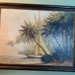 Very Large Painting In Detailed Frame Of Tropical Trees, Beach , Vintage Sailboat. 