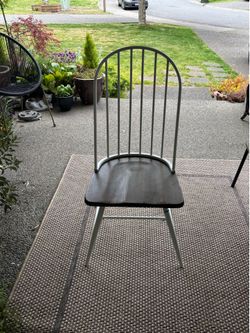 Chairs (6-8), dark brown/white, farmhouse/industrial, wood/metal.