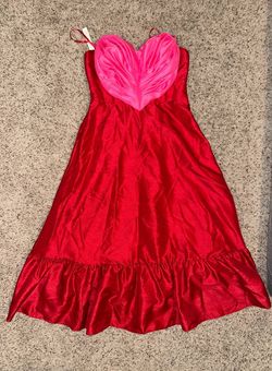 Anthropologie Red Pink Satin Sweetheart Ruched Maxi Dress Zip Closure Size 12