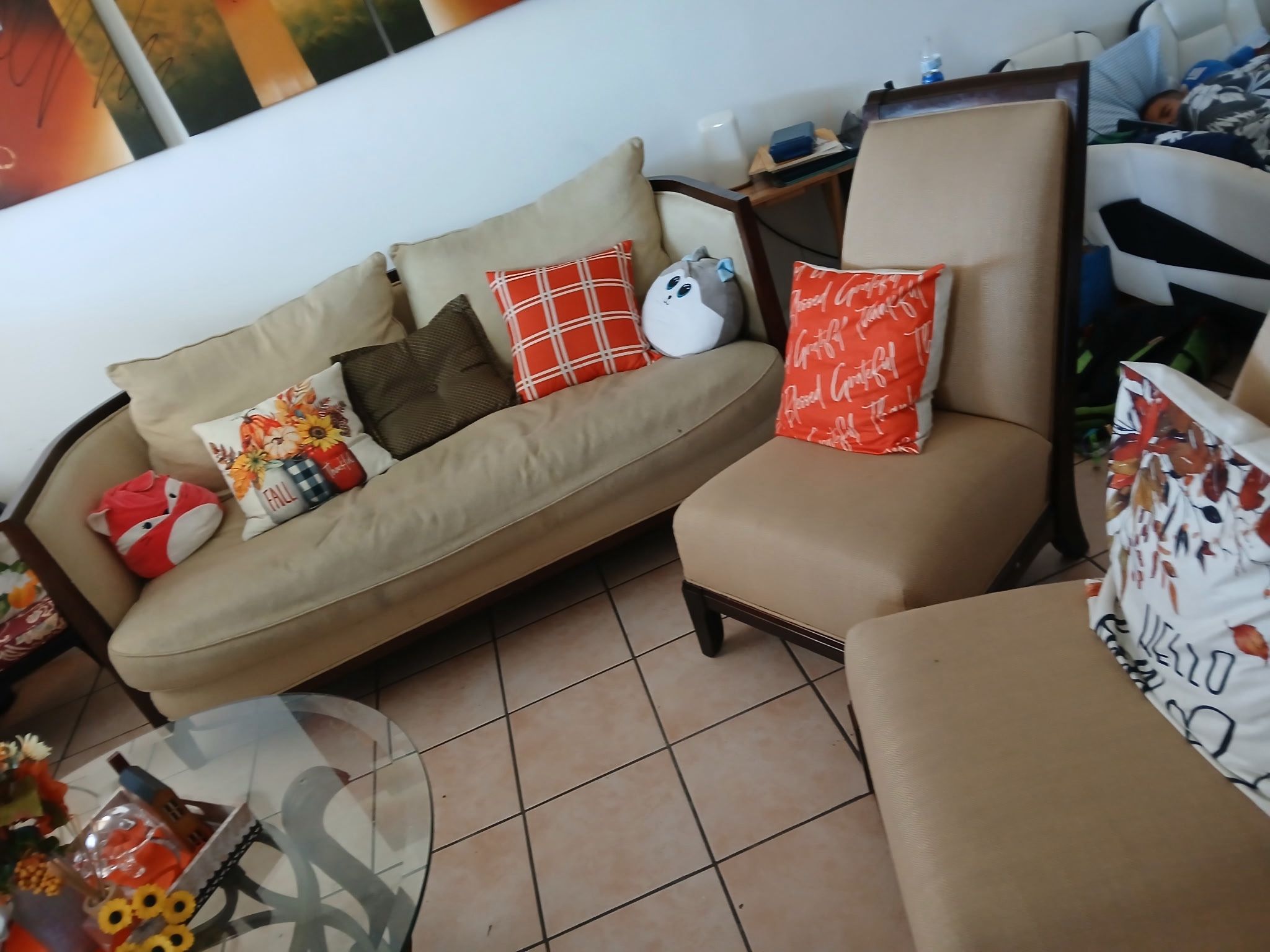 Couch, Cushioned Chairs, Pillows And Table