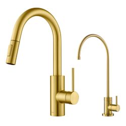 KRAUS Oletto Pull-Down Kitchen Faucet and Purita Water Filter Faucet Combo in Brushed Brass, KPF-2620-FF-100BB Brushed Bronze Pull Down & Filter Fauce