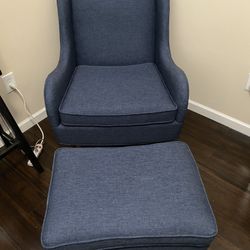 High Back  Blue Chair With Ottoman 