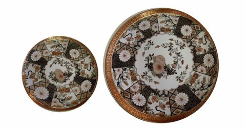Vintage SAJI Japan Imari Floral Quilt Panel Plates 9.25" & 14" Set of 2