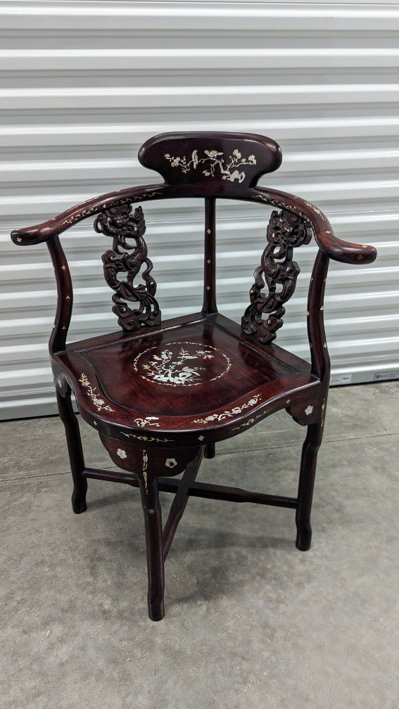 Vintage Asian Corner Chair w/ Mother Of Pearl Inlay - Solid Wood - Can Deliver 