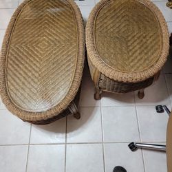 Wicker Coffee Table And End Table With Fitted Beveled Glass Tops 