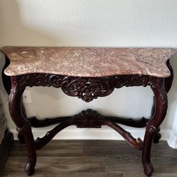 Ornate Wood And Pink Marble Top Table 