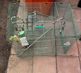 Green Wire Bird Cage with Perches & Accessories