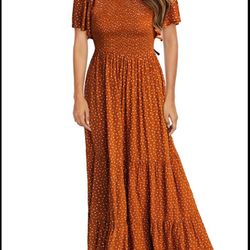 Kranda Women Round Neck Flutter Sleeve Smocked Pleats Ruffle Maxi Long Floral Dress size XS