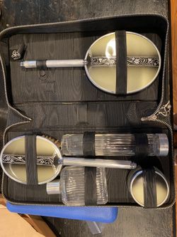 Vintage Art Deco Floral Grey + Silver Mirror and Hair Brush Vanity Set Rare Vtg