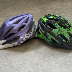 2 Youth / Kid Bike Helmets W/ Visors - Bontrager Solstice Purple & Bell Axle Green Pixels Pattern