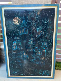 Vintage Haunted Tree House Blacklight Poster Framed