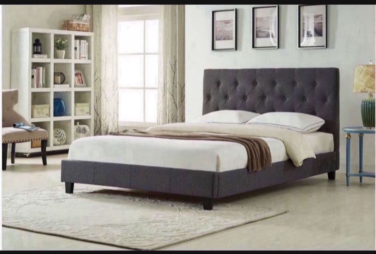 Brand New In Box Full Size Dark Grey Linen Upholstered Bed With Mattress. Assembly Required, We Can Deliver, Cama Con Colchon.