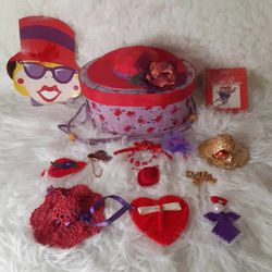Red Hat Society Collection Brooches, Sewing Box, Pins, Miniature Hats, Ornaments and (2) Scarfs