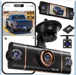 4K Dash Cam Front and Rear, WiFi Dash Camera for Cars with App 4K+1080P*3 FHD Dash Cam, 64G Card Included, G-Sensor Emergency Lock, 8 IR Lamps Night V