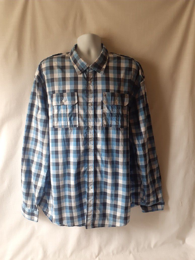 Ecko Unltd men's blue plaid long-sleeve button-down shirt size 3XL