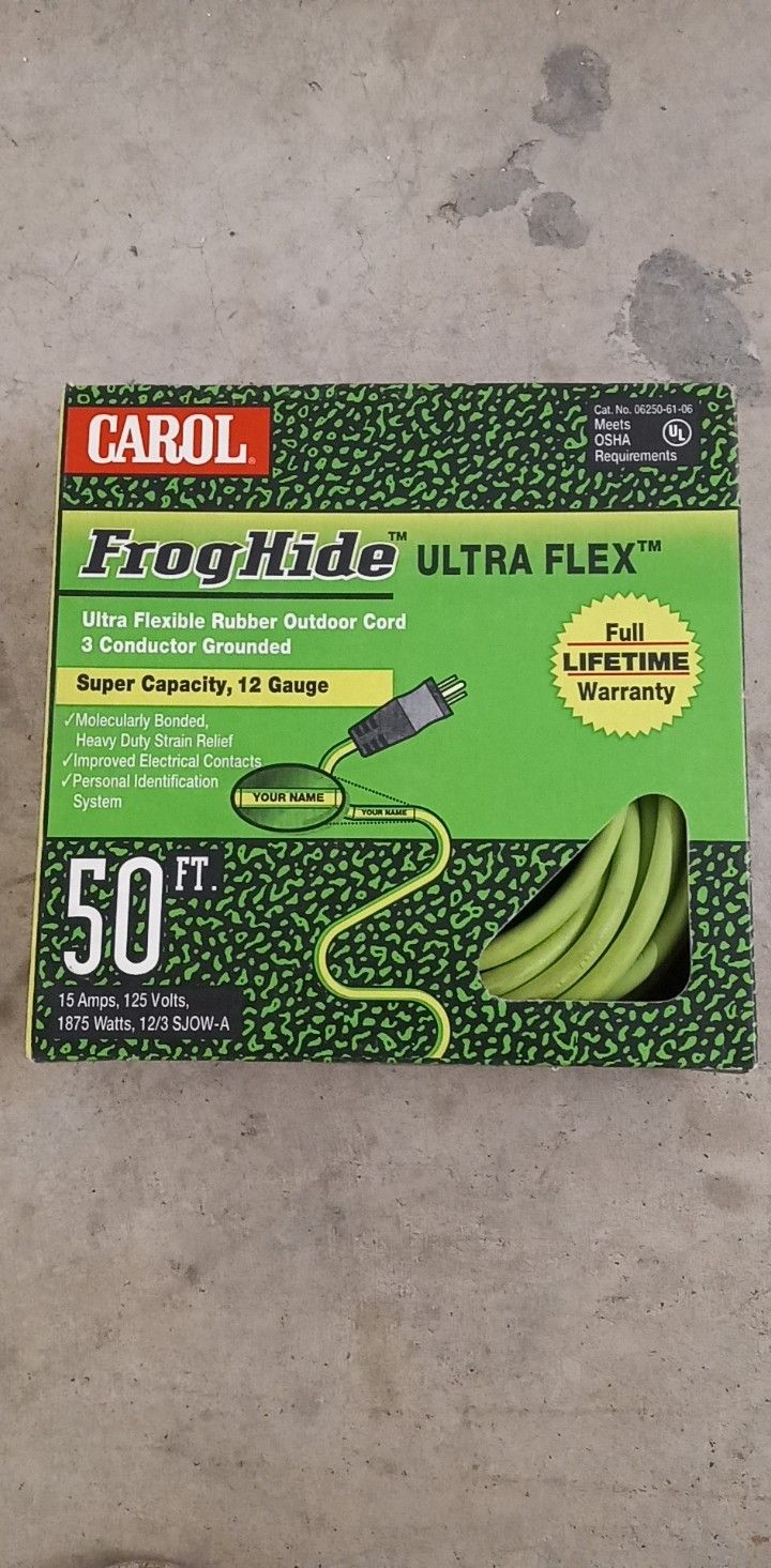 Brand New Carol 50' 12 Guage Extension Cord - FrogHide With Lifetime Warranty USA