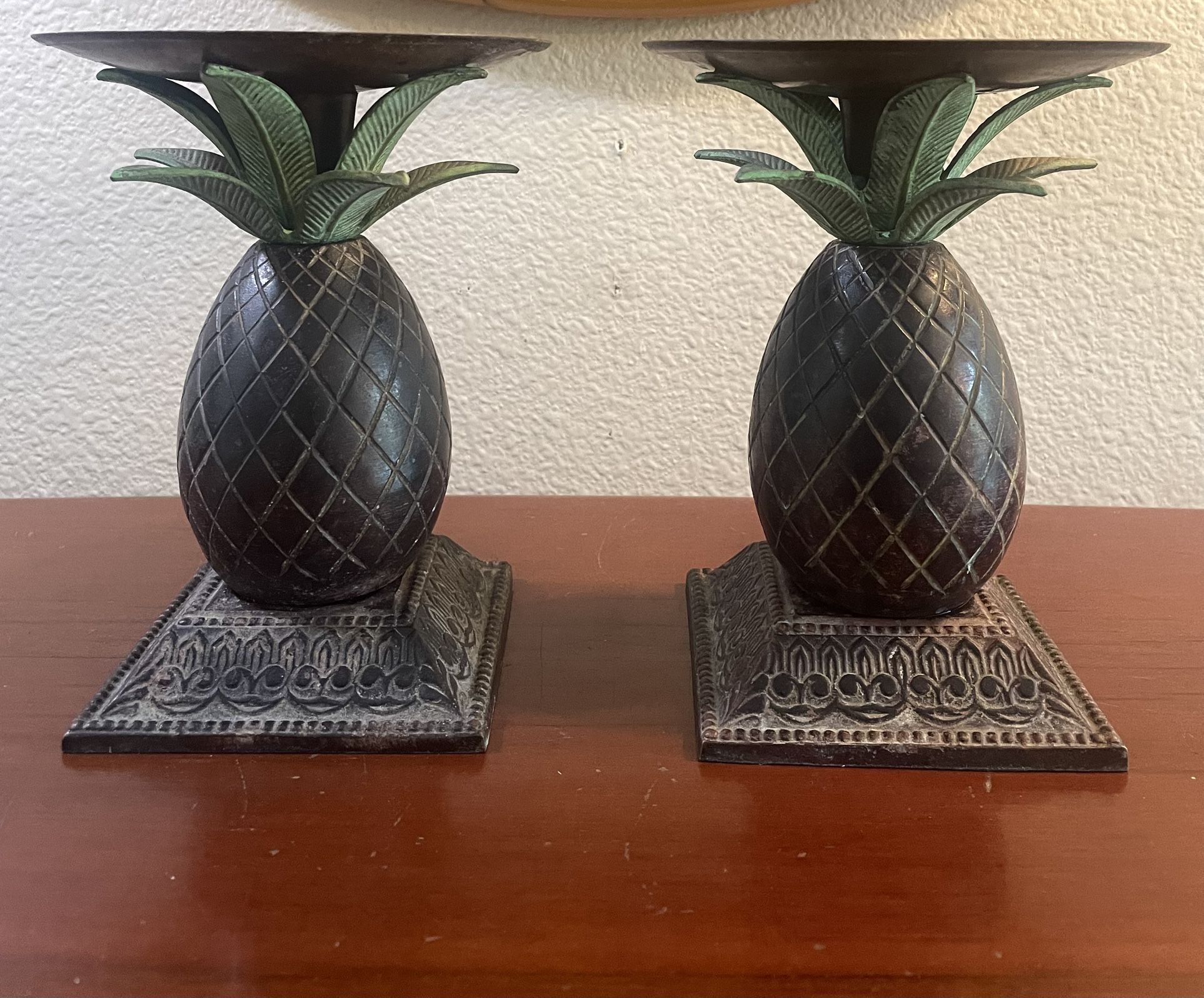Pair Of Bronze Pineapple Candleholders 
