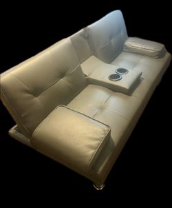 Modern Faux Leather Convertible Futon Sofa with Cup Holders – Gray