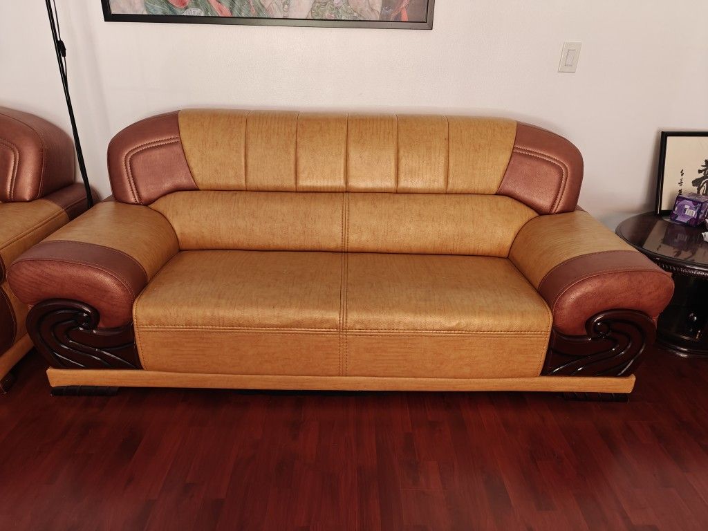 Used hard seat PU leather couch(3 Pieces Set) (plus 1 FREE Coffee Table)