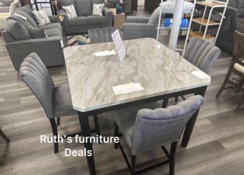 Elegant 5-pc counter Height dining table set  grey velvet fabric
