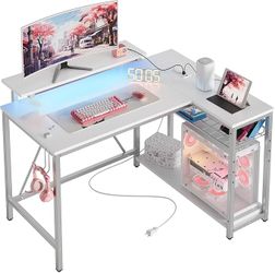 Bestier White Computer Desk with Charging Port & LED Strip,42 inch Modern Gaming Desk with