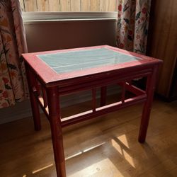 Red Rustic Asian-Inspired Glass Top Side Table
