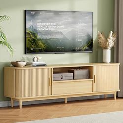 Modern Fluted TV Stand for TVs Up to 80 inches, 69" Entertainment Center with Storage Drawer, TV Console with Sliding Doors and Adjustable Shelves, Me
