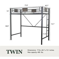 Amolife Metal Twin Size Loft Bed Frame with Stairs & Full-Length Guardrail, Black NEW
