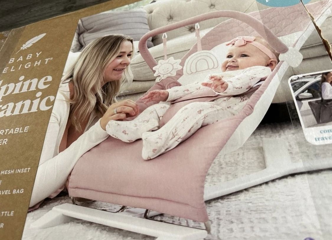 NEW Baby Delight Alpine Deluxe Portable Baby Bouncer | Infant | 0-6 Months | 100% GOTS Certified Organic Cotton Fabric | Organic Rose New, Open Box, S